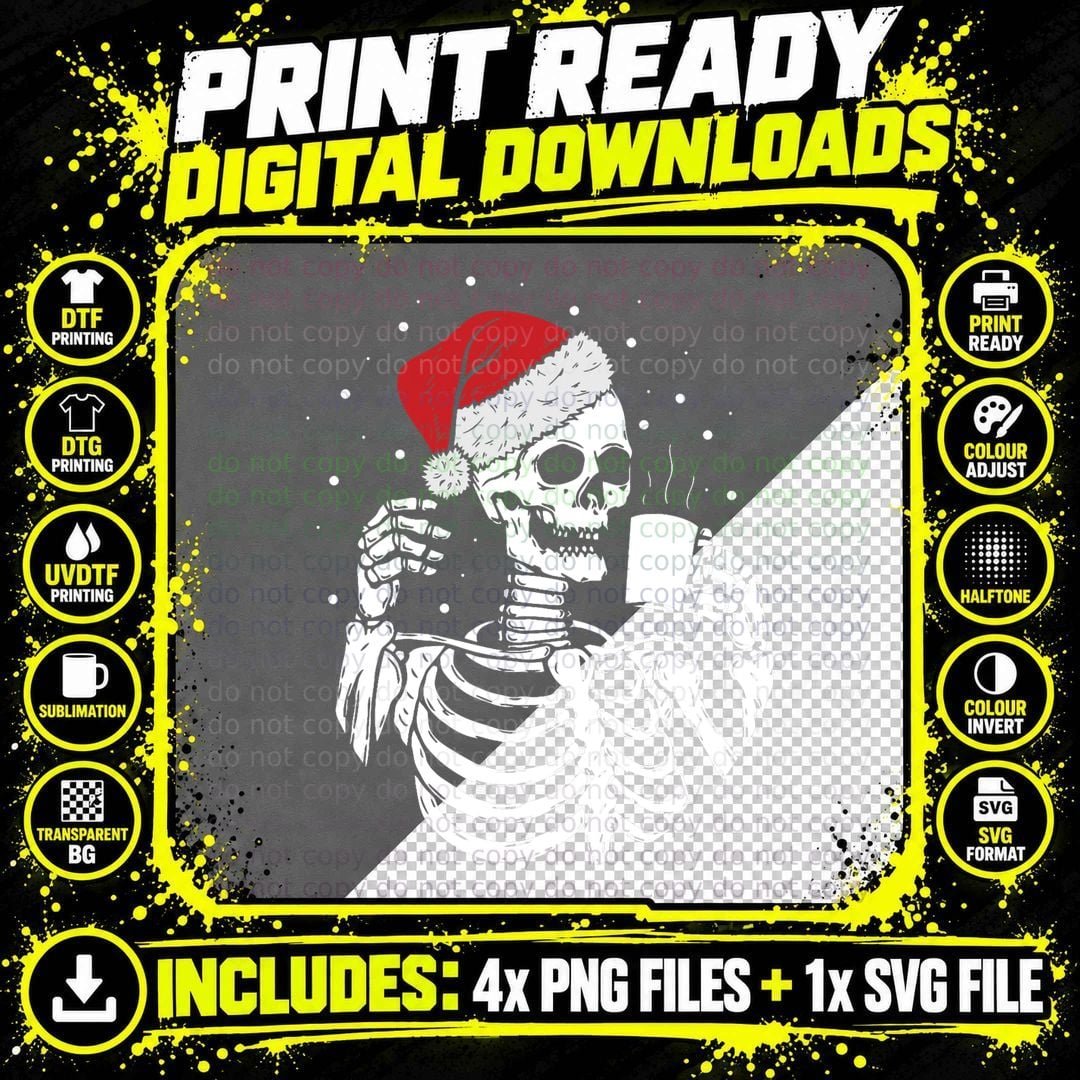 Skeleton Santa Hat Drinking Coffee T-Shirt Png SVG Digital Bundle