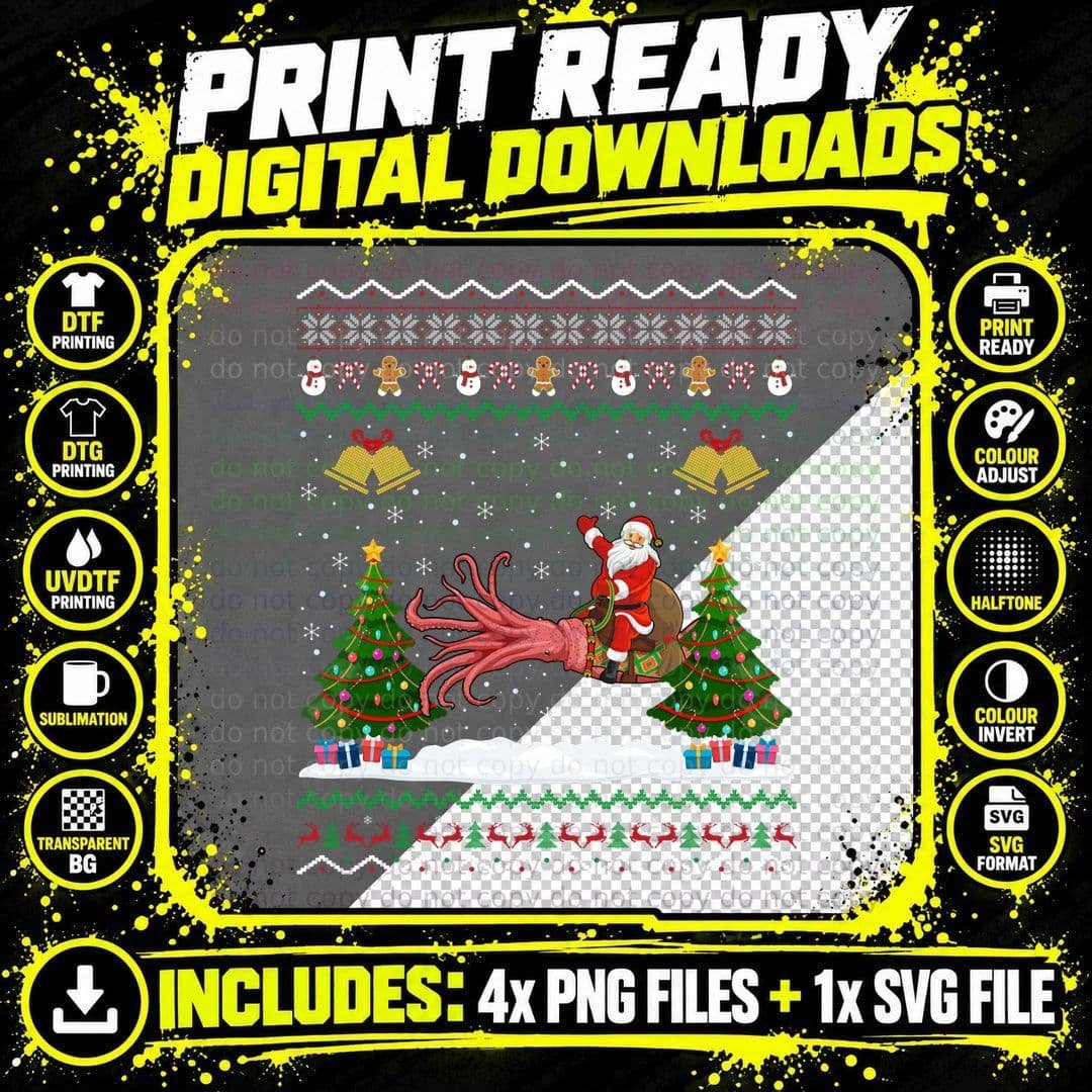 Squid Christmas Gift Santa Riding Squid Sweatshirt Png SVG Digital Bundle