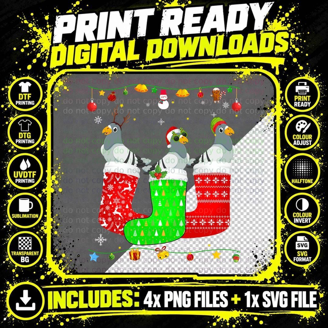 Three Pigeon in Christmas Socks Matching Xmas Pajama Png SVG Digital Bundle