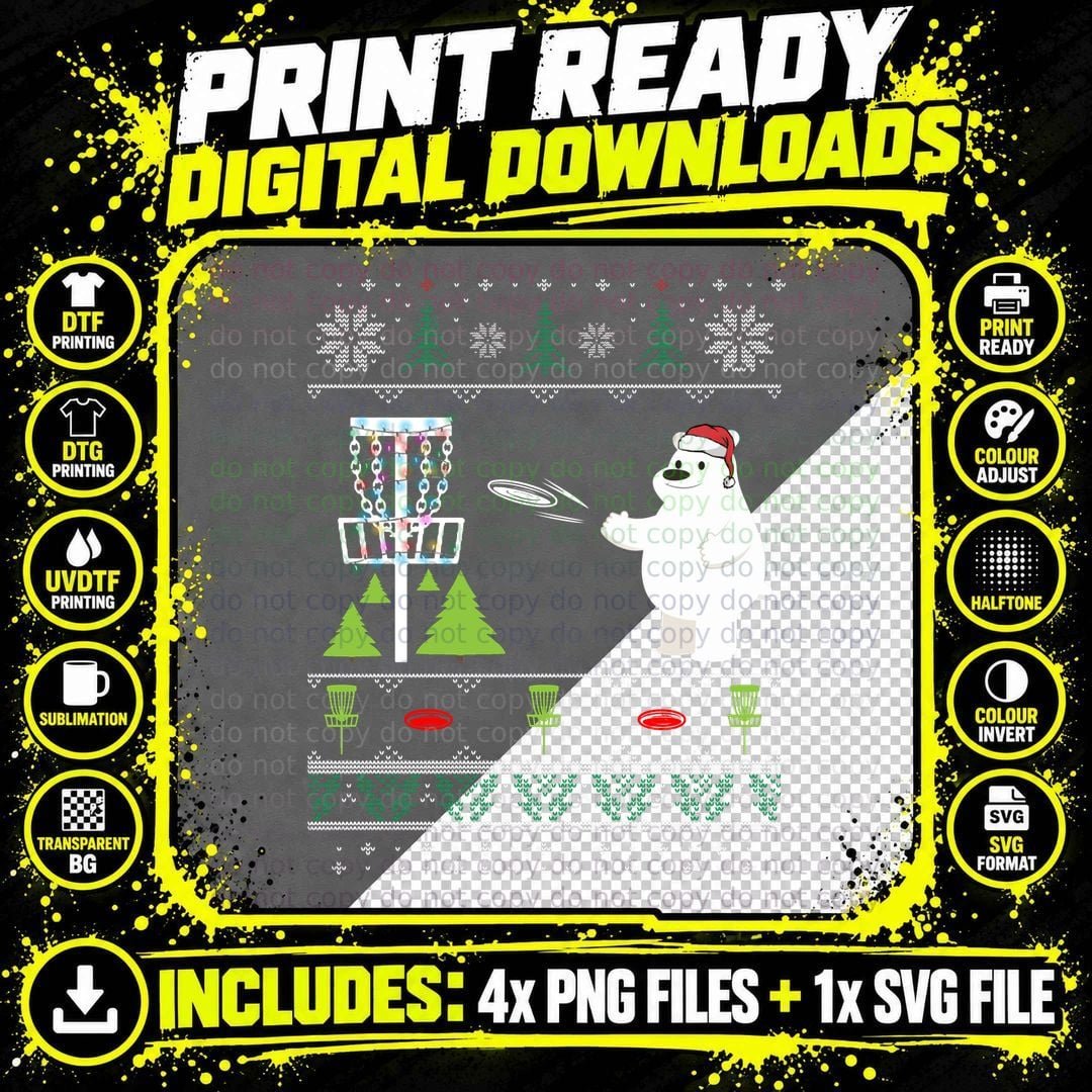 Ugly Christmas Sweater Disc Golf Polar Bear Hoodie Png SVG Digital Bundle