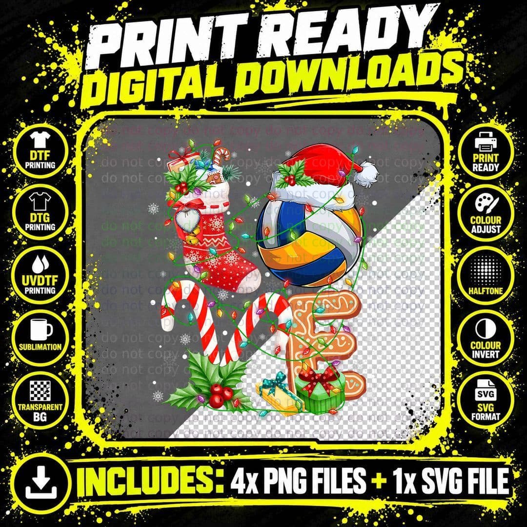 Volleyball Ball Christmas Santa Love Lights Png SVG Digital Bundle