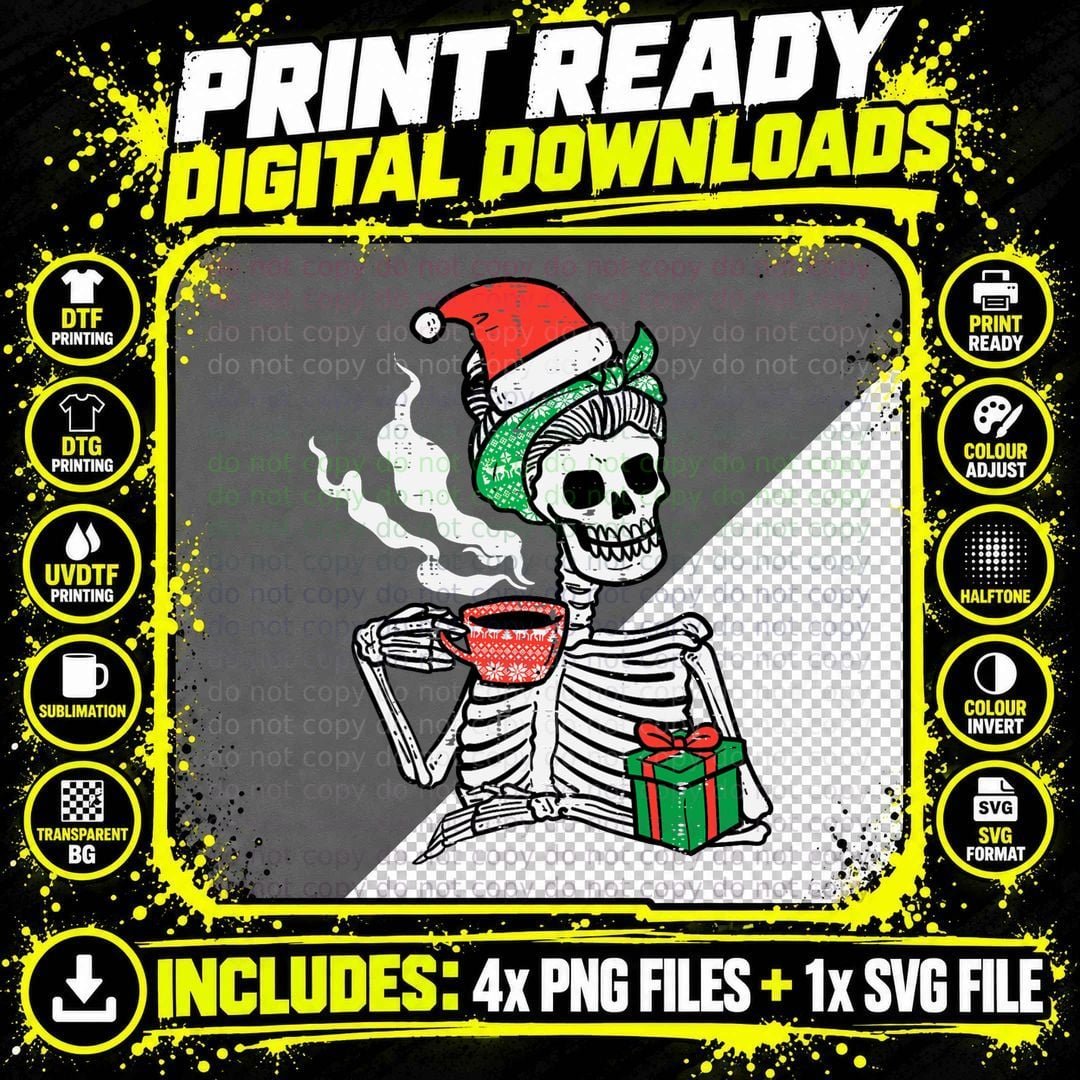 Woman Skeleton Santa Coffee Xmas T-Shirt Png SVG Digital Bundle