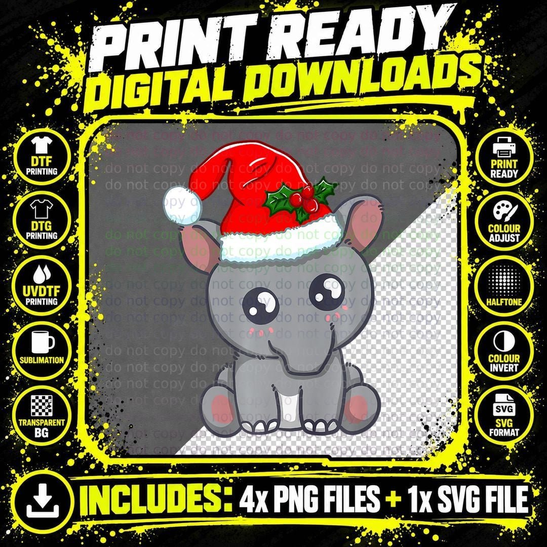 Xmas Kawaii Tapir Christmas Animal Santa's Hat Holiday Png SVG Digital Bundle