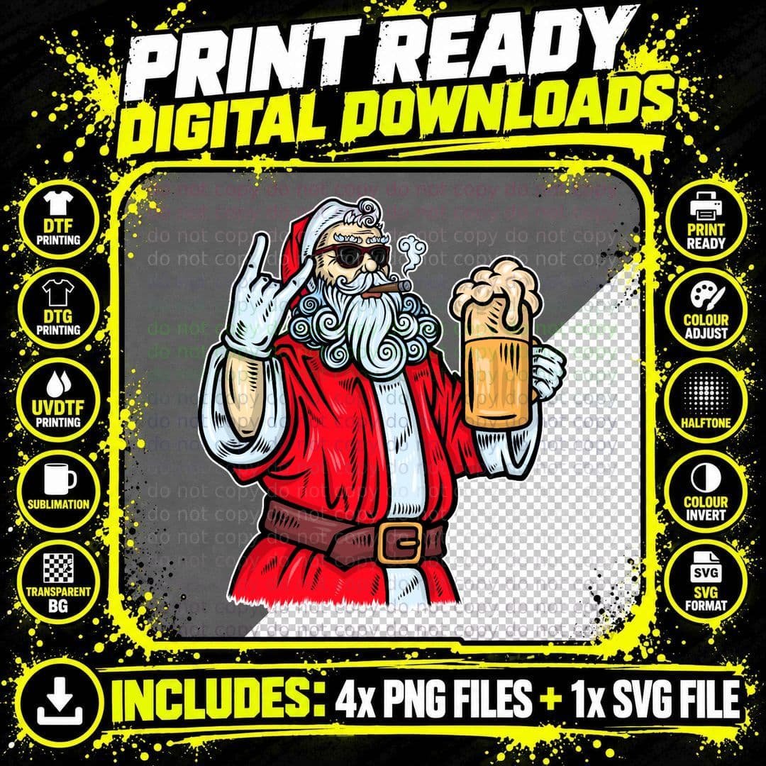 Bad Santa Claus T-Shirt, Rock & Roll Style Png SVG Digital Bundle