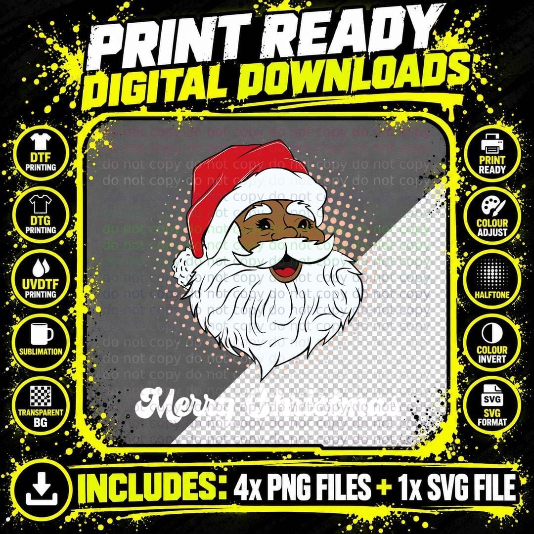 Black African Santa Merry Christmas T-Shirt Png SVG Digital Bundle