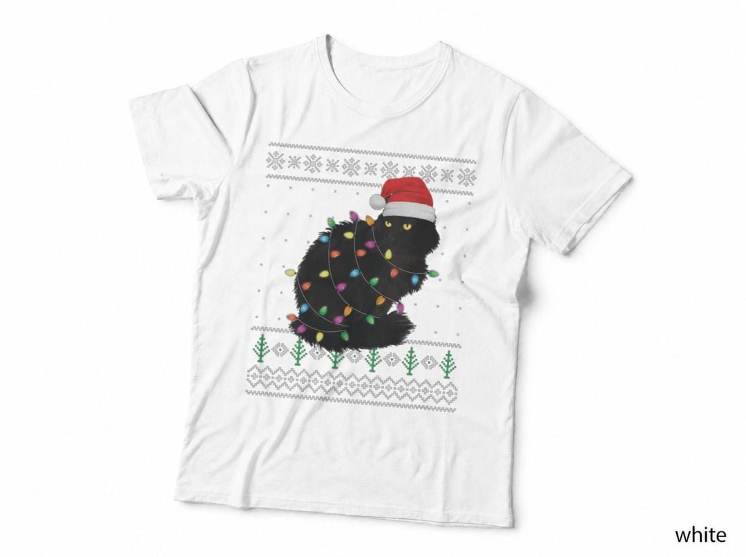 Black Cat Christmas Ugly Sweater Funny Santa Cat T-Shirt