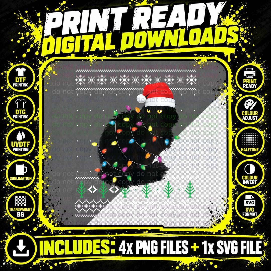 Black Cat Christmas Ugly Sweater Funny Santa Cat T-Shirt Png SVG Digital Bundle