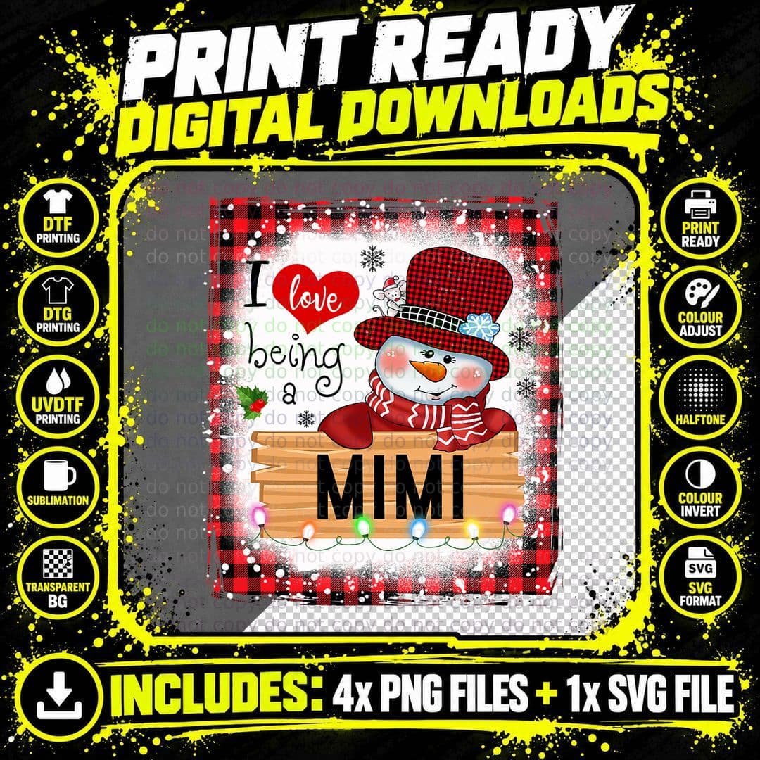 Bleached I Love Being a Mimi Snowman Family Christmas Png SVG Digital Bundle