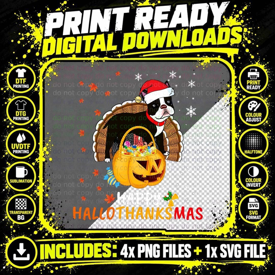 Boston Terrier Halloween and Merry Christmas T-Shirt Png SVG Digital Bundle