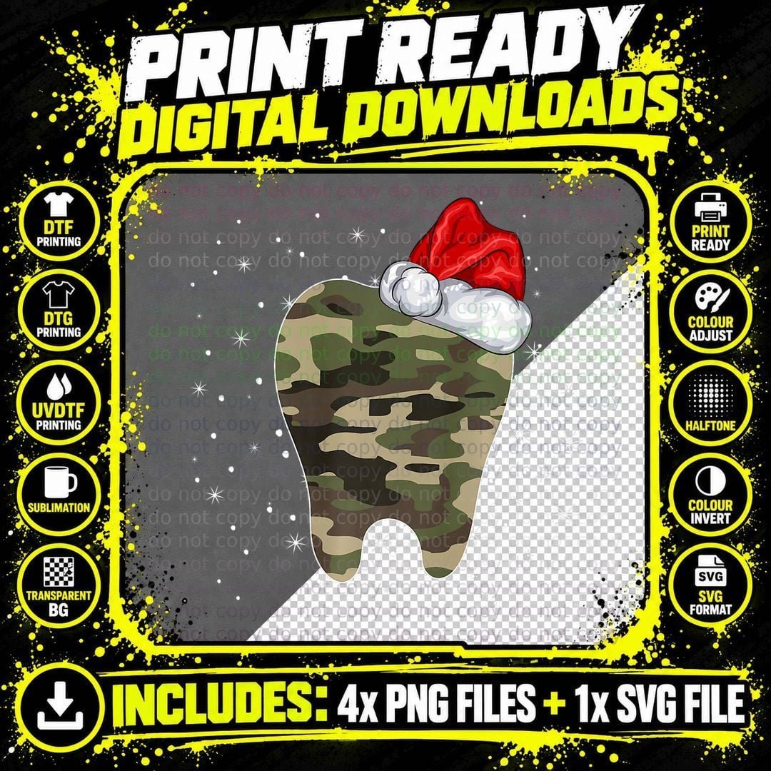 Camo Christmas Tooth Santa T-Shirt, Funny Holiday Print Png SVG Digital Bundle