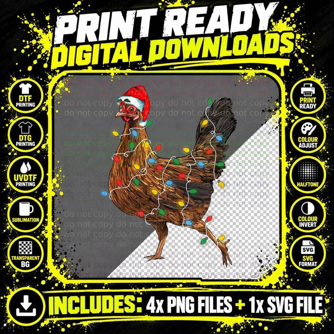 Chicken Christmas Lights Santa Hat T-Shirt Png SVG Digital Bundle