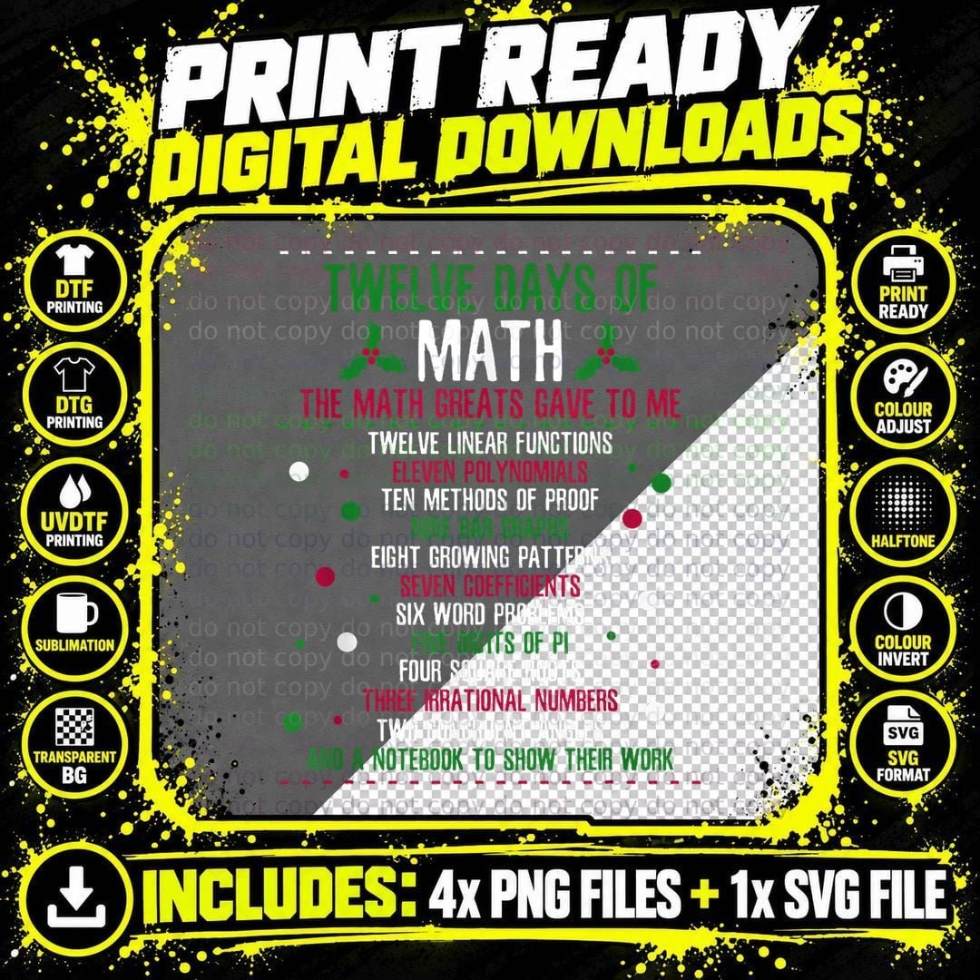 Christmas 12 Days of Math T-Shirt, Holiday Math Theme Png SVG Digital Bundle