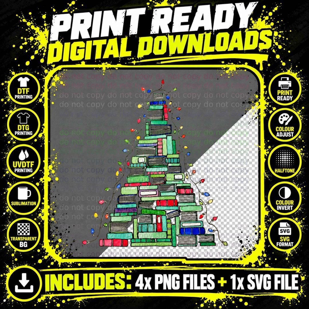 Christmas Book Tree T-Shirt, Festive Holiday Print Png SVG Digital Bundle