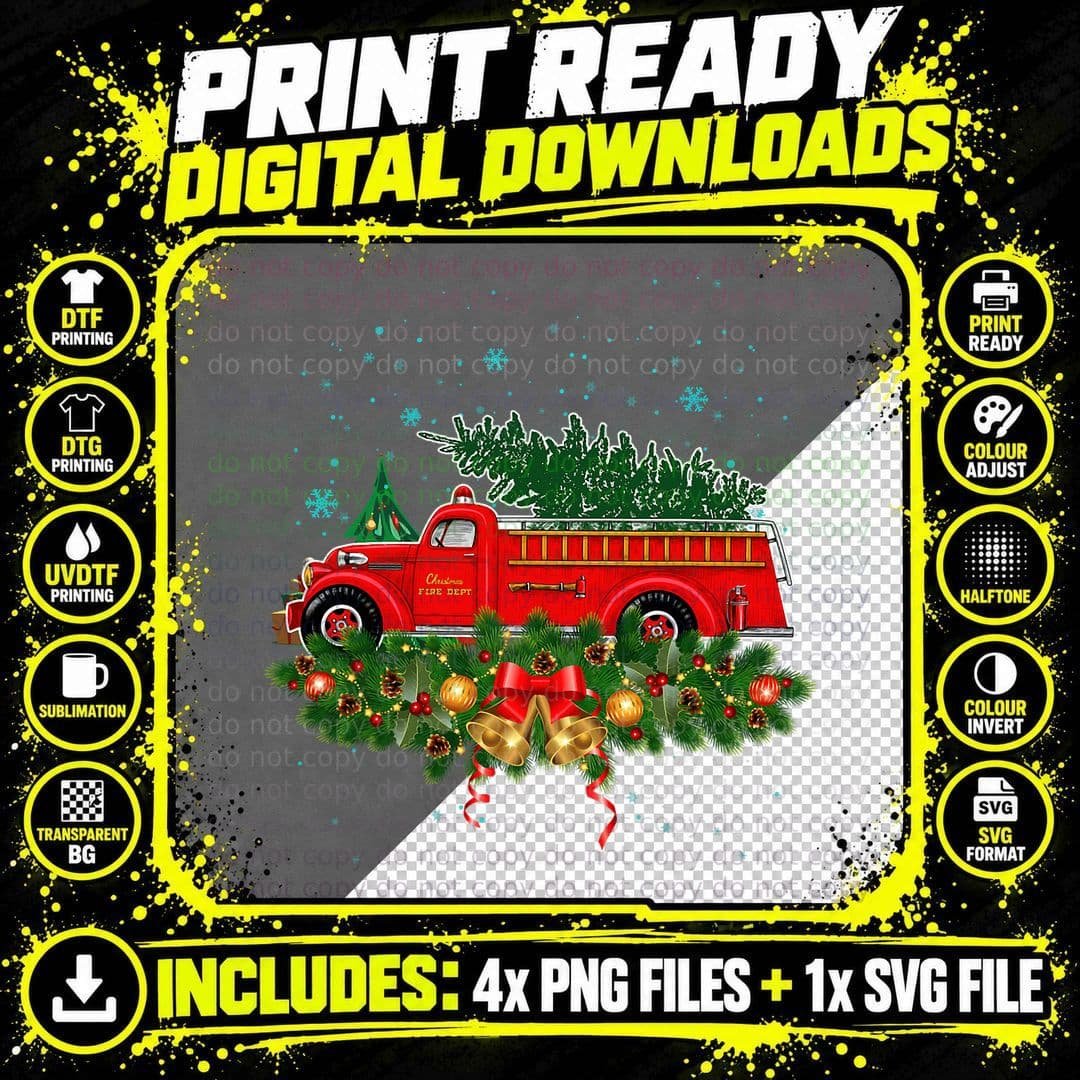 Christmas Fire Truck T-Shirt, Festive Holiday Design Png SVG Digital Bundle
