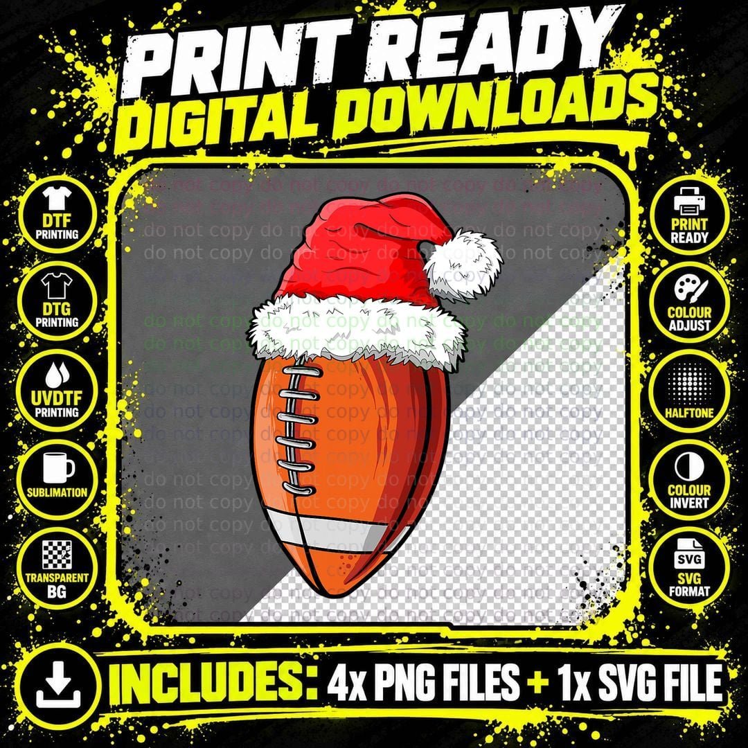 Christmas Football Ball Santa Hat T-Shirt Png SVG Digital Bundle