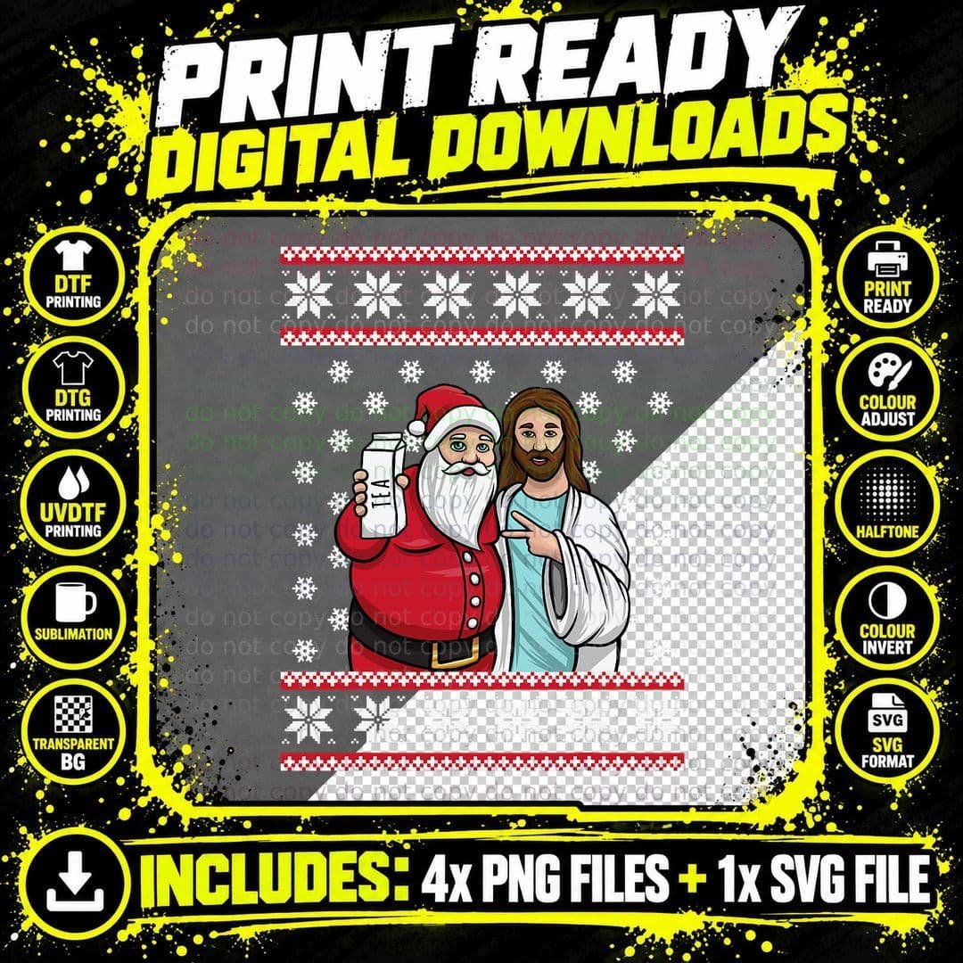 Christmas Graphic Santa and Jesus Jingle Bros Tea Lovers Png SVG Digital Bundle