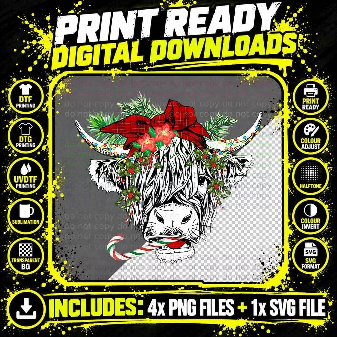 Christmas Highland Cow T-Shirt, Festive Holiday Design Png SVG Digital Bundle