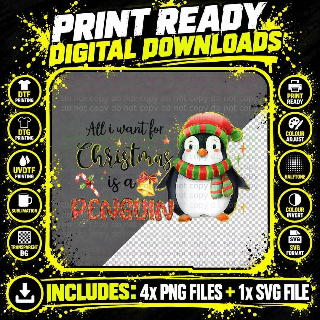 Christmas Penguin T-Shirt, Funny Holiday Design Png SVG Digital Bundle