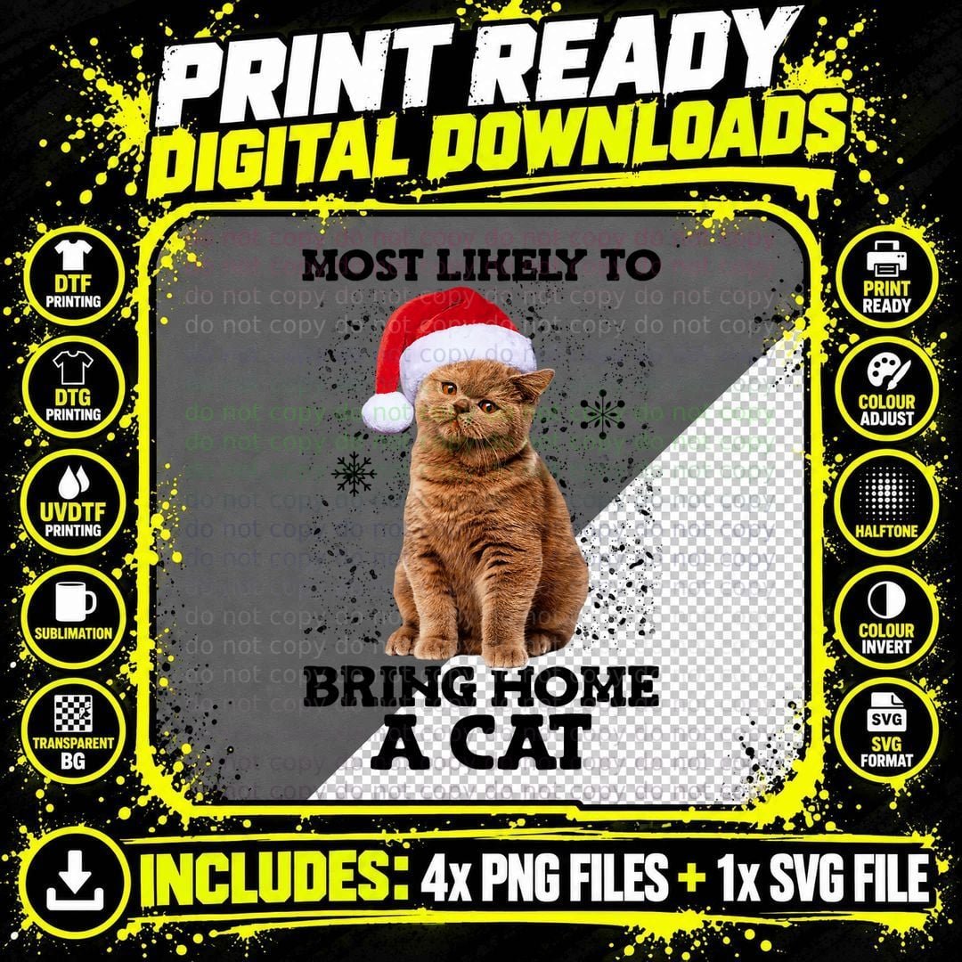 Christmas Santa Hat Cat T-Shirt, Festive Holiday Print Png SVG Digital Bundle