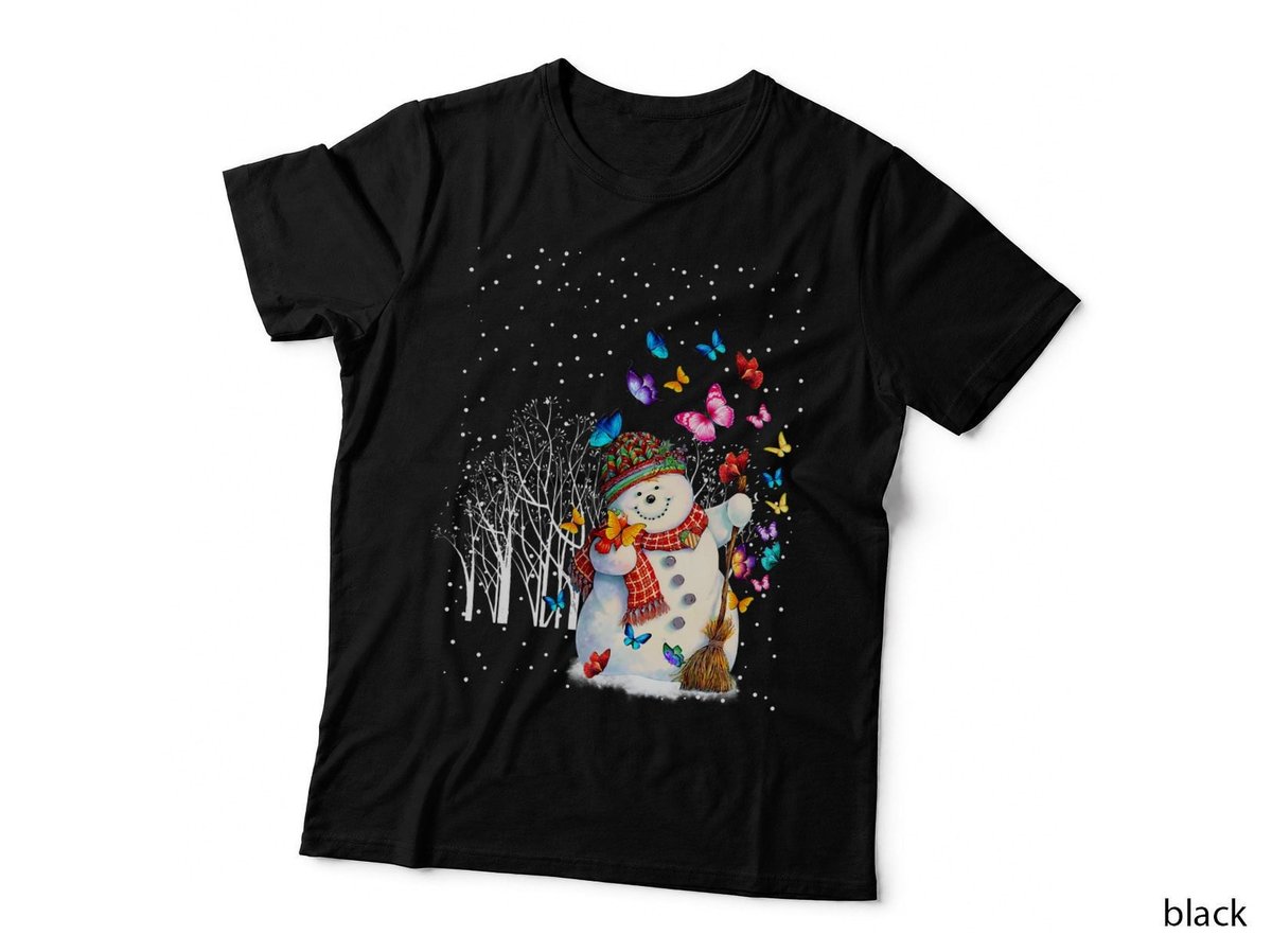 Christmas Snowman Santa Hat with Butterflies Fly Around T-Shirt