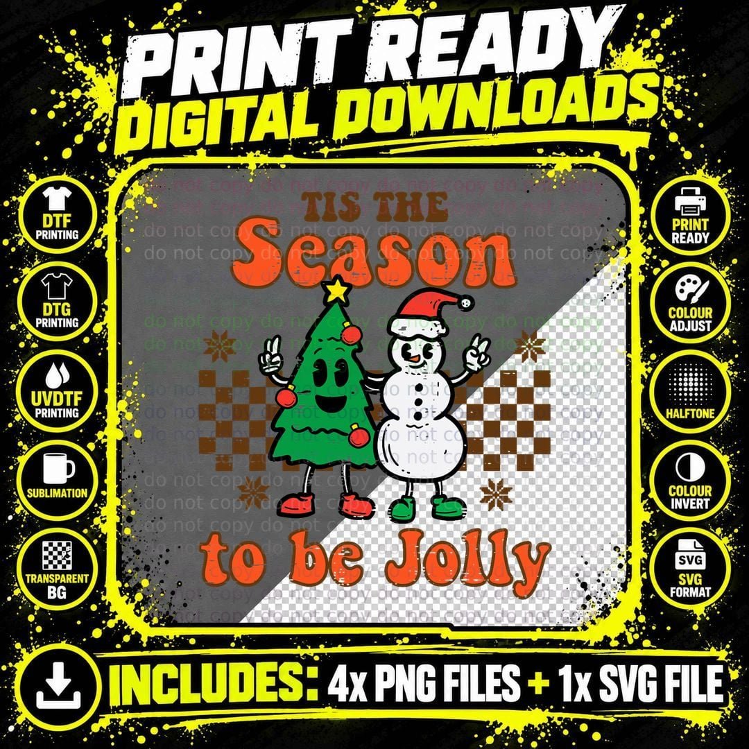 Christmas Tree Snowman Tis Season to Be Jolly Groovy Png SVG Digital Bundle