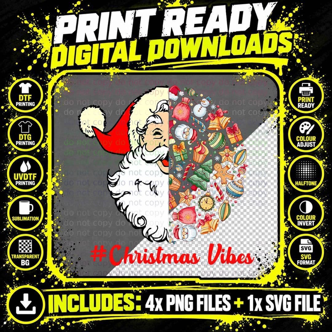 Christmas Vibes Retro Santa Shaped Like a Christmas Png SVG Digital Bundle