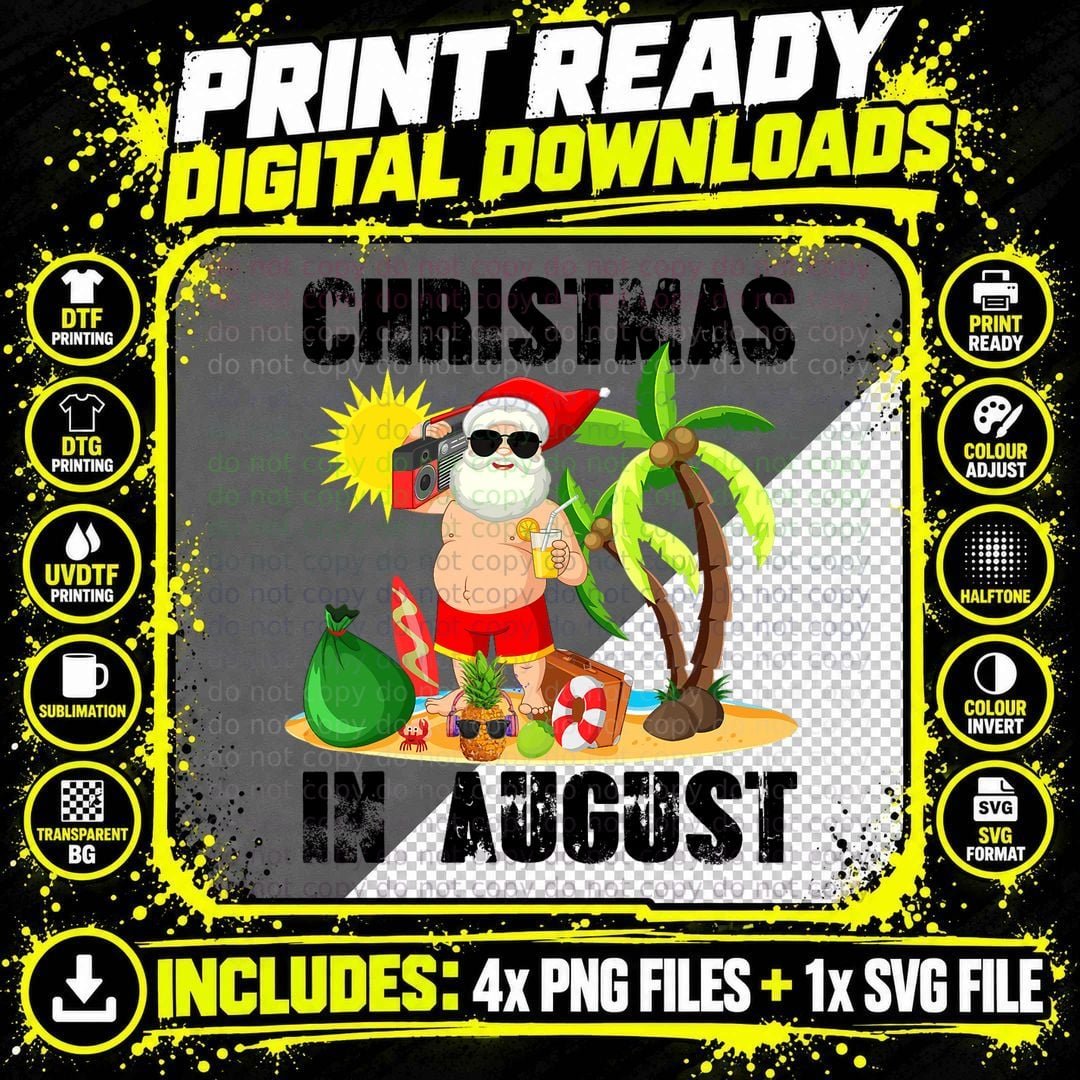 Christmas in August Xmas Funny Santa Summer Beach Png SVG Digital Bundle