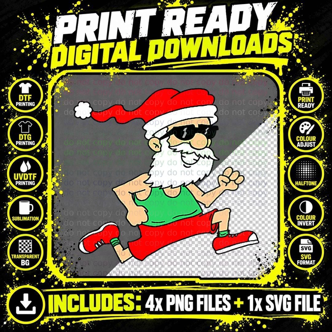 Christmas in July Running Santa T-Shirt, Festive Holiday Png SVG Digital Bundle