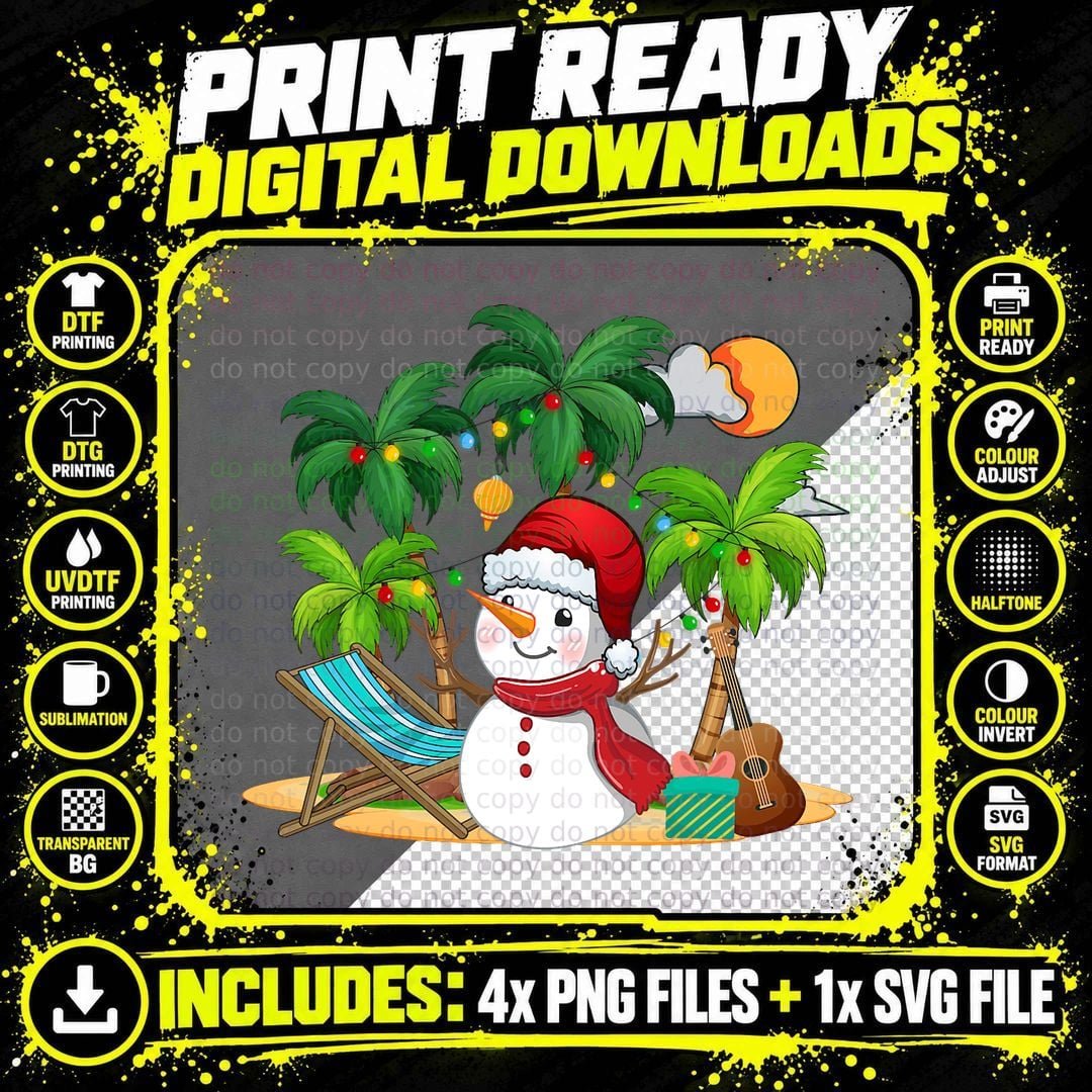 Christmas in July Snowman on Palm Tree Tropical Beach Png SVG Digital Bundle