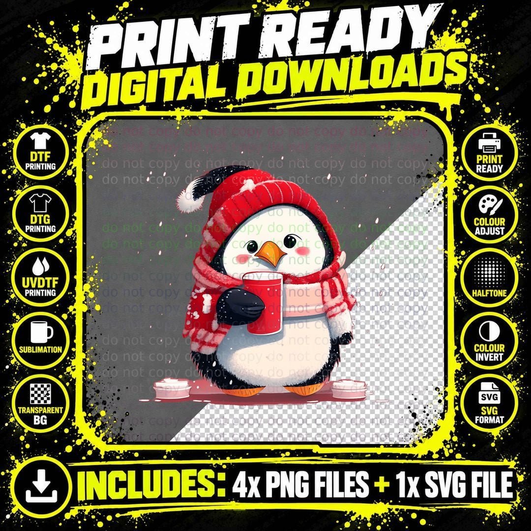 Cocoa Christmas Penguin T-Shirt, Festive Winter Theme Png SVG Digital Bundle