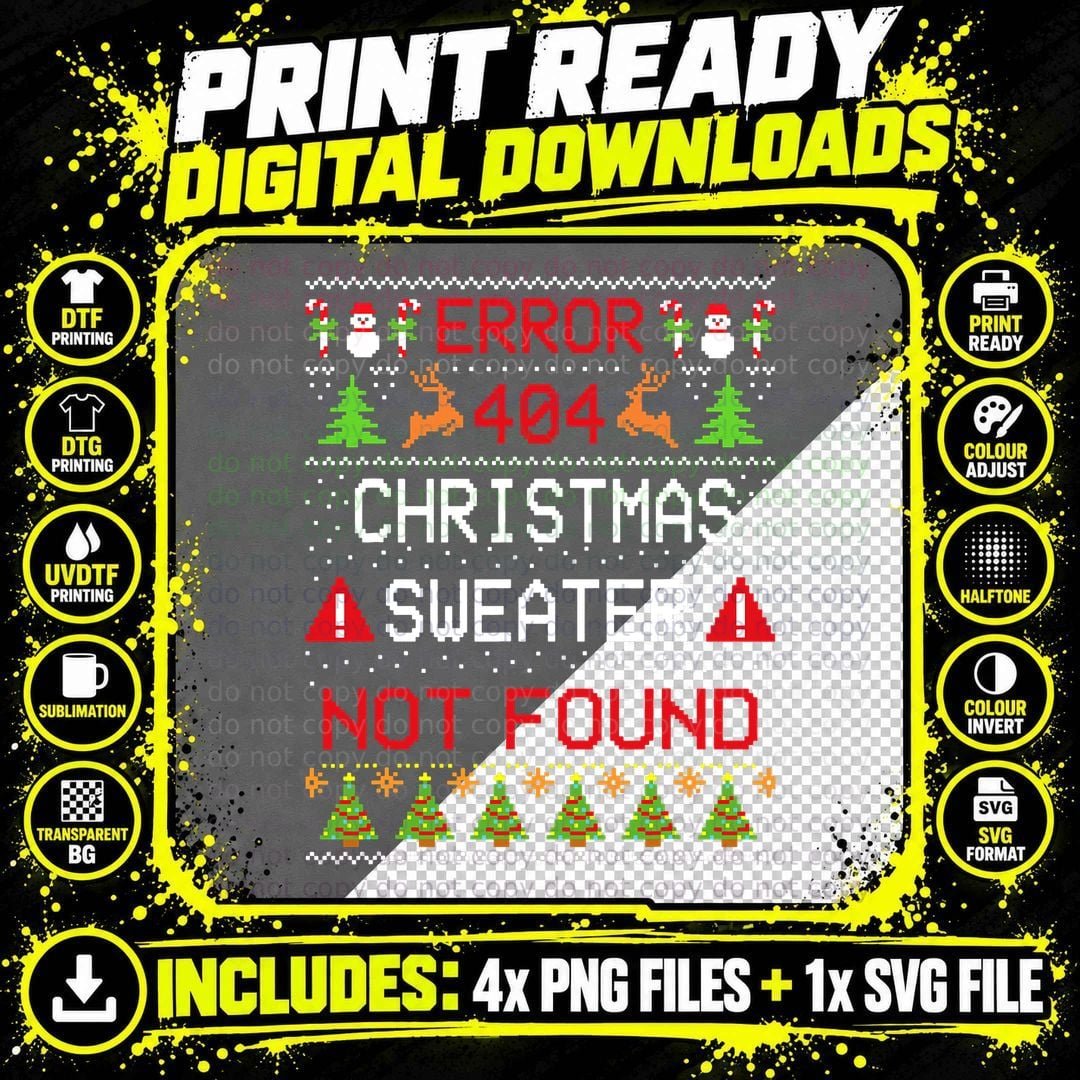 Computer Error 404 Ugly Christmas Sweater Not Found Png SVG Digital Bundle