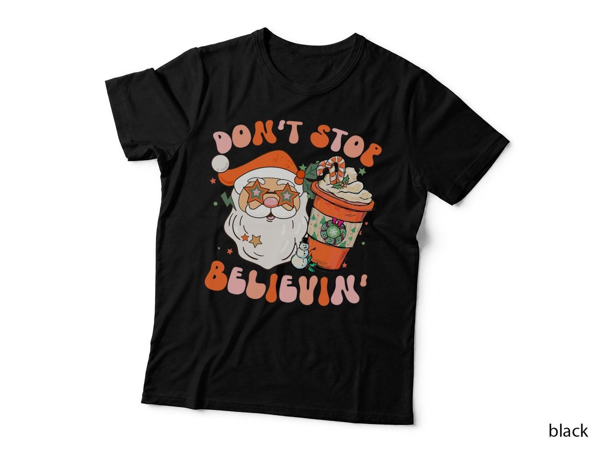 Don't Stop Believing Groovy Christmas Santa T-Shirt, Festive Holiday Print