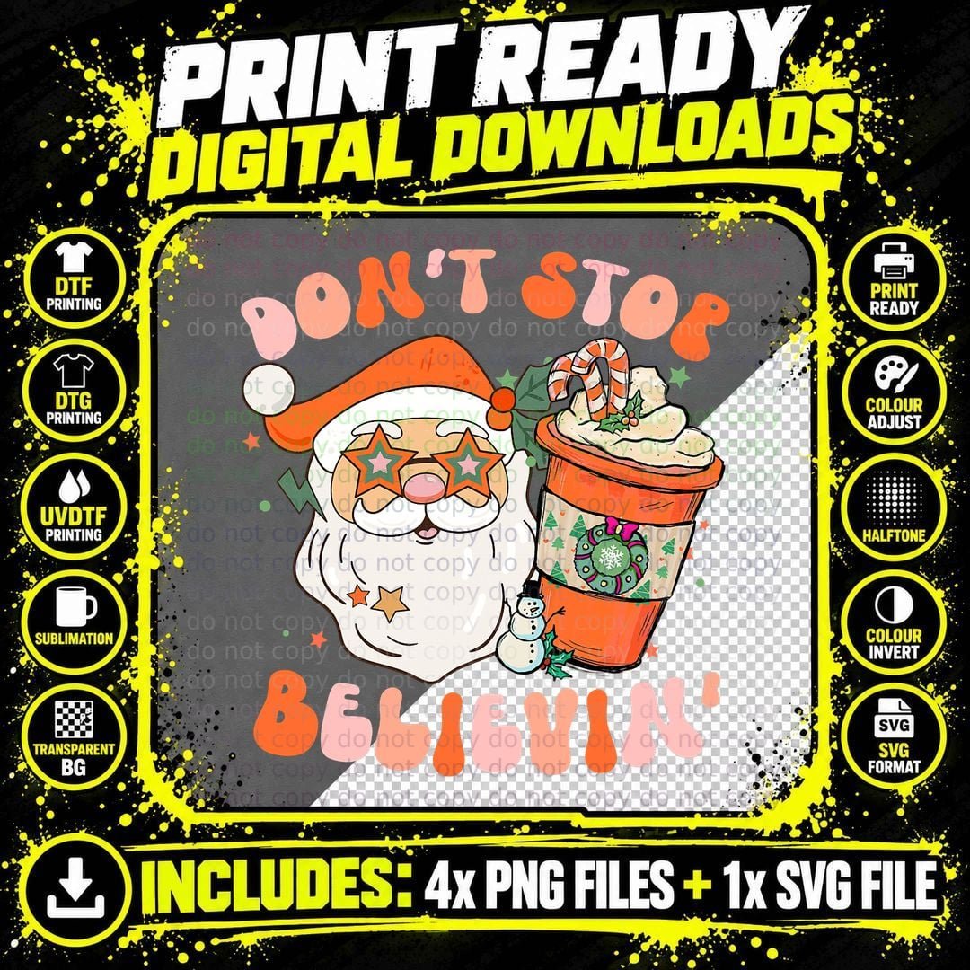 Don't Stop Believing Groovy Christmas Santa T-Shirt Png SVG Digital Bundle