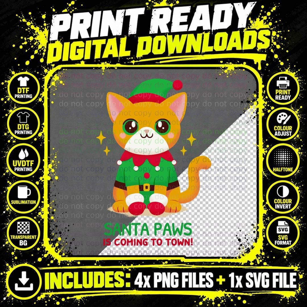 Elf Cat Santa Paws T-Shirt, Christmas Holiday Print Png SVG Digital Bundle