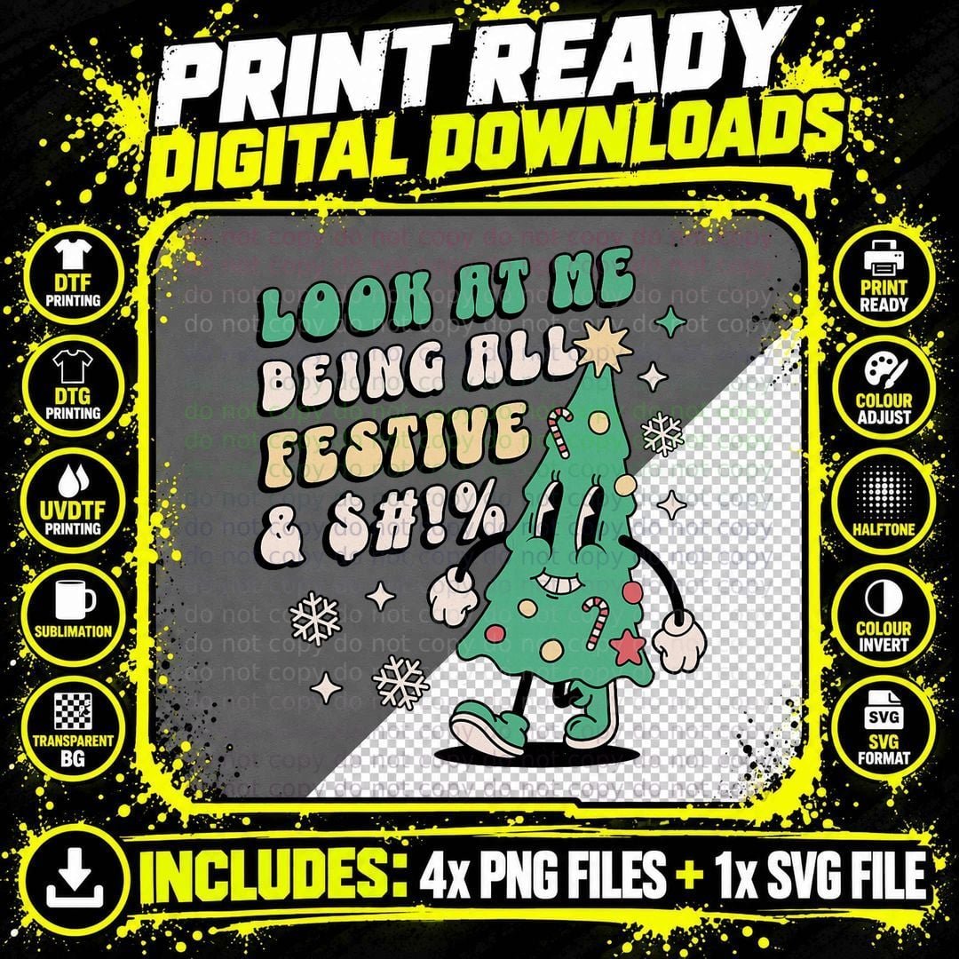 Festive Christmas Tree T-Shirt, Retro Holiday Print Png SVG Digital Bundle