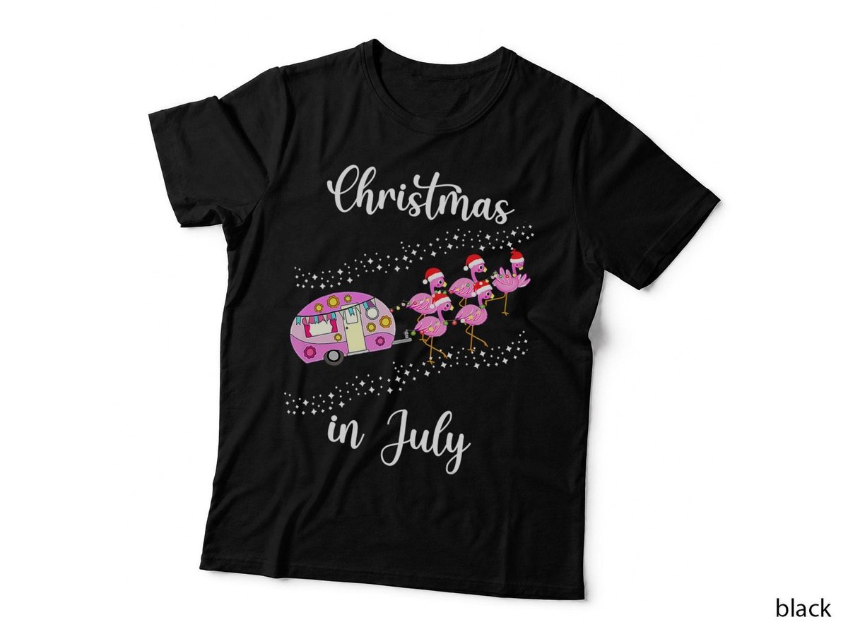 Flamingo Pink Camping Car Christmas in July T-Shirt, Holiday Fun