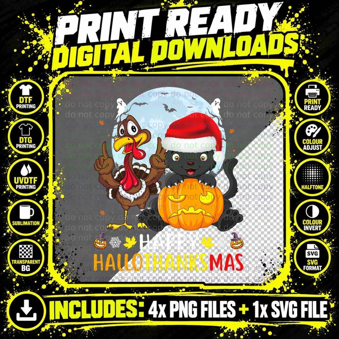 Funny Cat Halloween and Merry Christmas T-Shirt Png SVG Digital Bundle