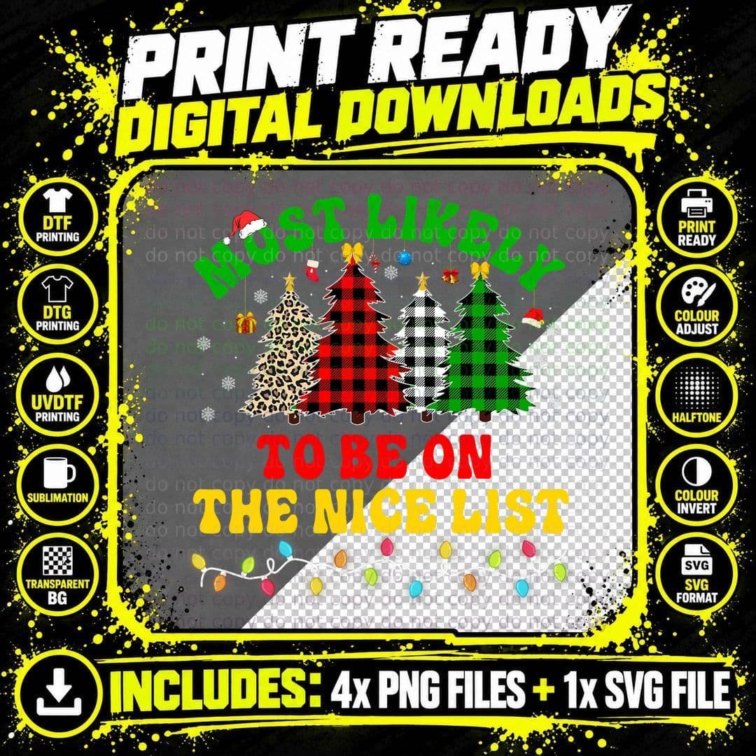 Funny Christmas Most Likely to Be on the Nice List Png SVG Digital Bundle