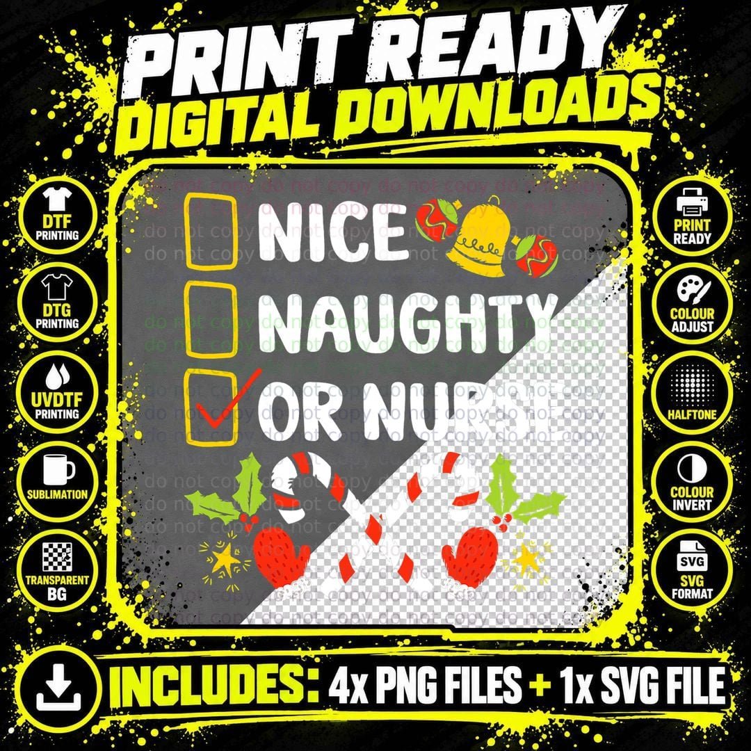Funny Christmas Nurse Checklist T-Shirt, Naughty or Nice Png SVG Digital Bundle