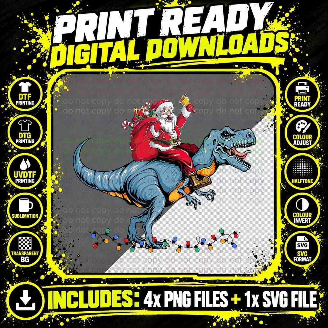 Funny Christmas Santa Riding Dinosaur T-Shirt Png SVG Digital Bundle