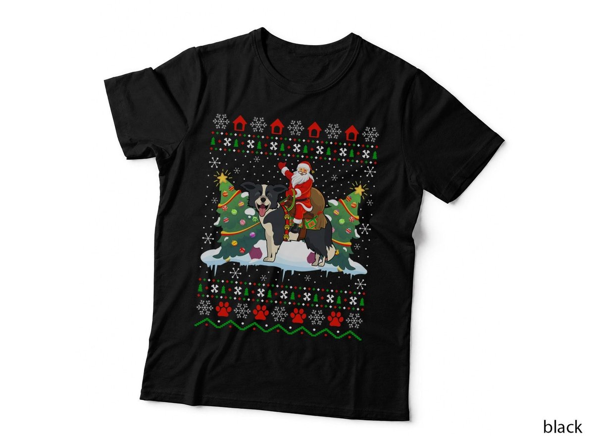 Funny Santa Riding Border Collie T-Shirt, Christmas Ugly Sweater Style