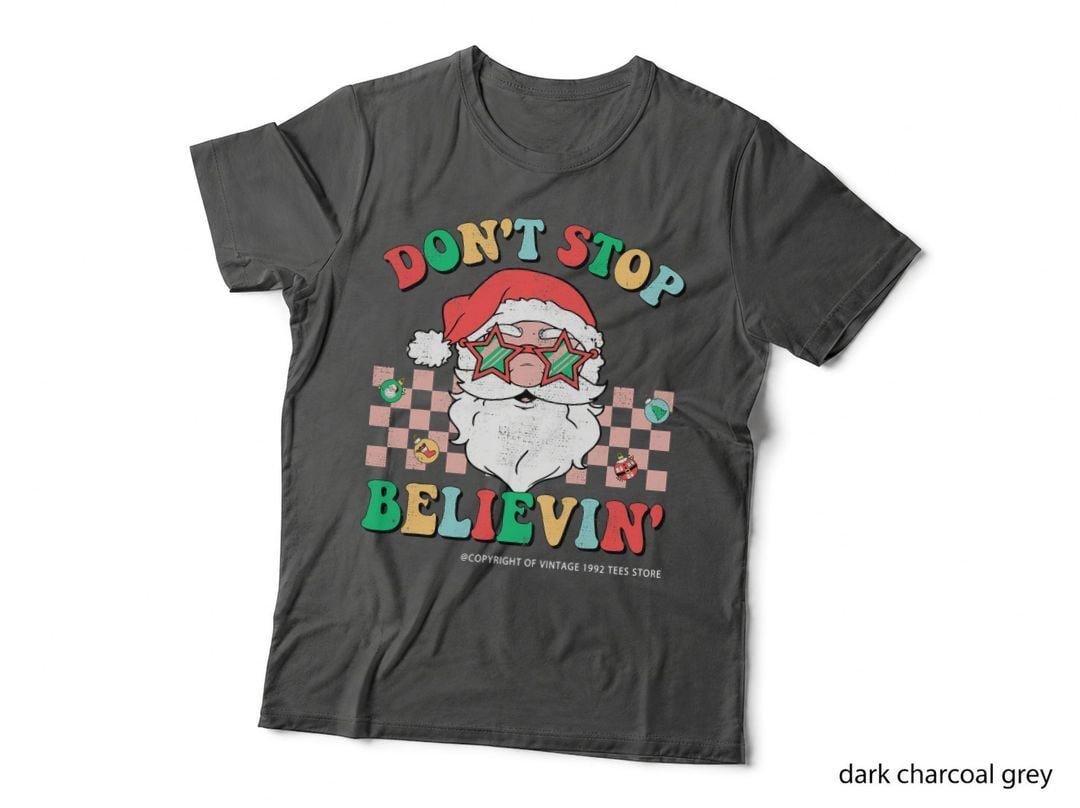 Groovy Retro Christmas Don't Stop Believin' Santa Hippie T-Shirt
