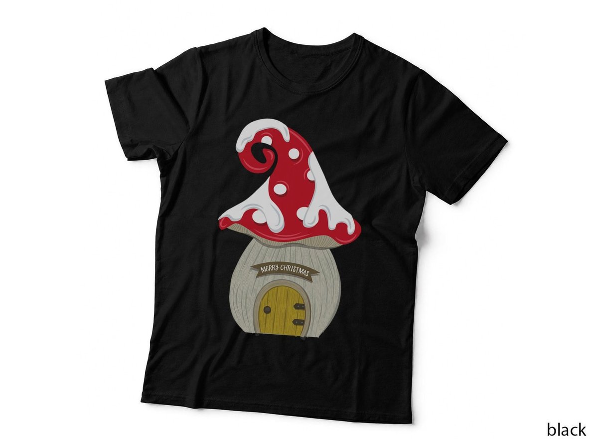 Merry Christmas Mushroom House Santa Hat T-Shirt, Festive Holiday Print