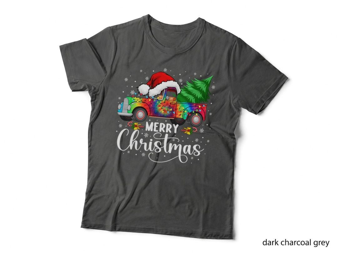 Merry Christmas Truck Tree Santa Hat Lights T-Shirt, Festive Holiday Style