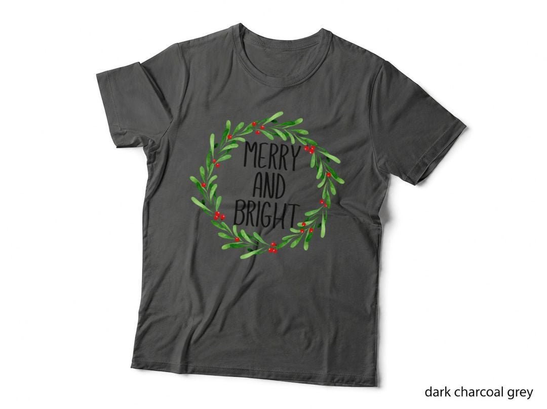 Merry and Bright Christmas Wreath T-Shirt, Festive Holiday Style