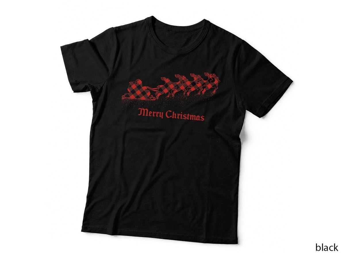 Red Plaid Santa Claus Sleigh and Reindeer Merry Christmas T-Shirt
