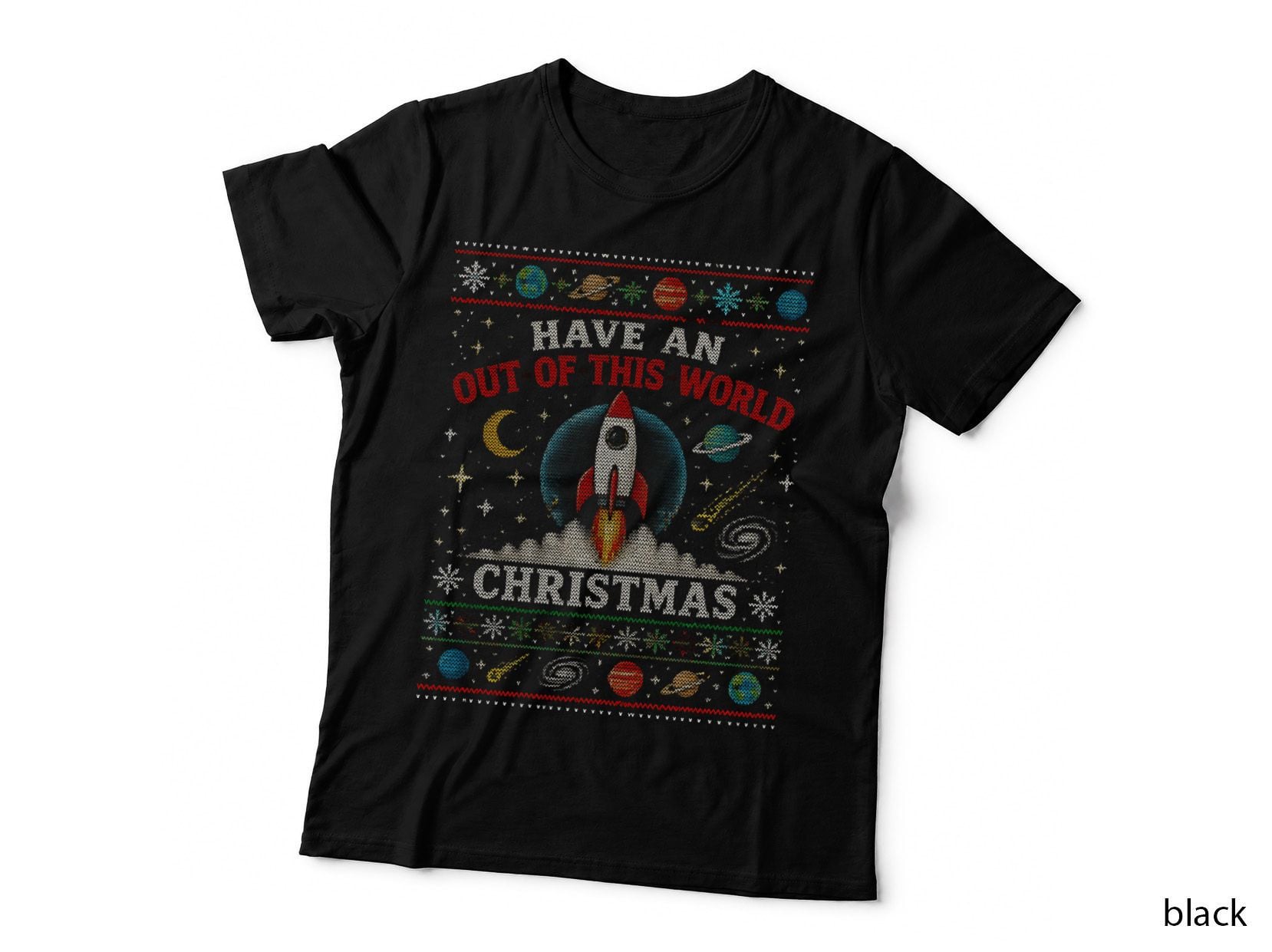 Astronomy Ugly Sweater Christmas Space Rocket Galaxy Retro Halftone T-Shirt 2