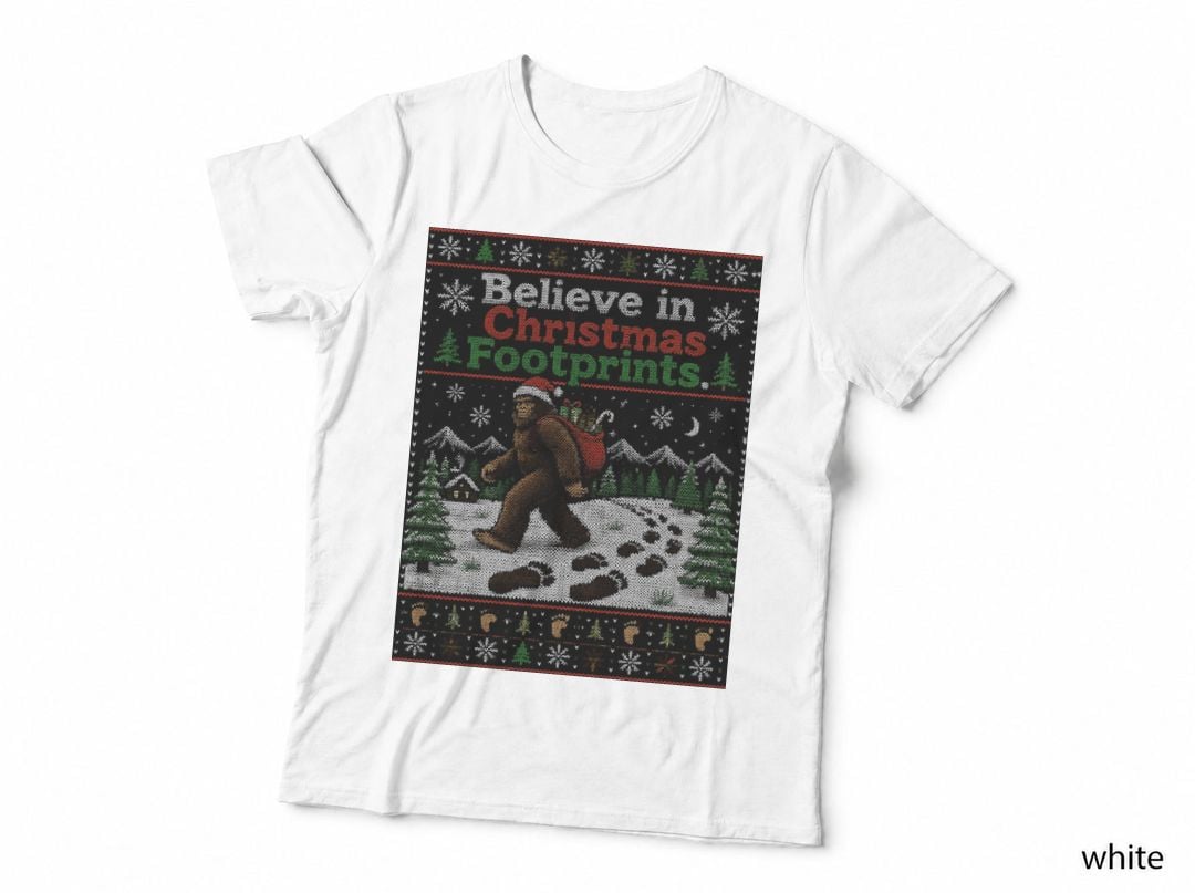 Bigfoot Christmas Ugly Sweater Sasquatch Holiday Footprints Forest Trail T-Shirt
