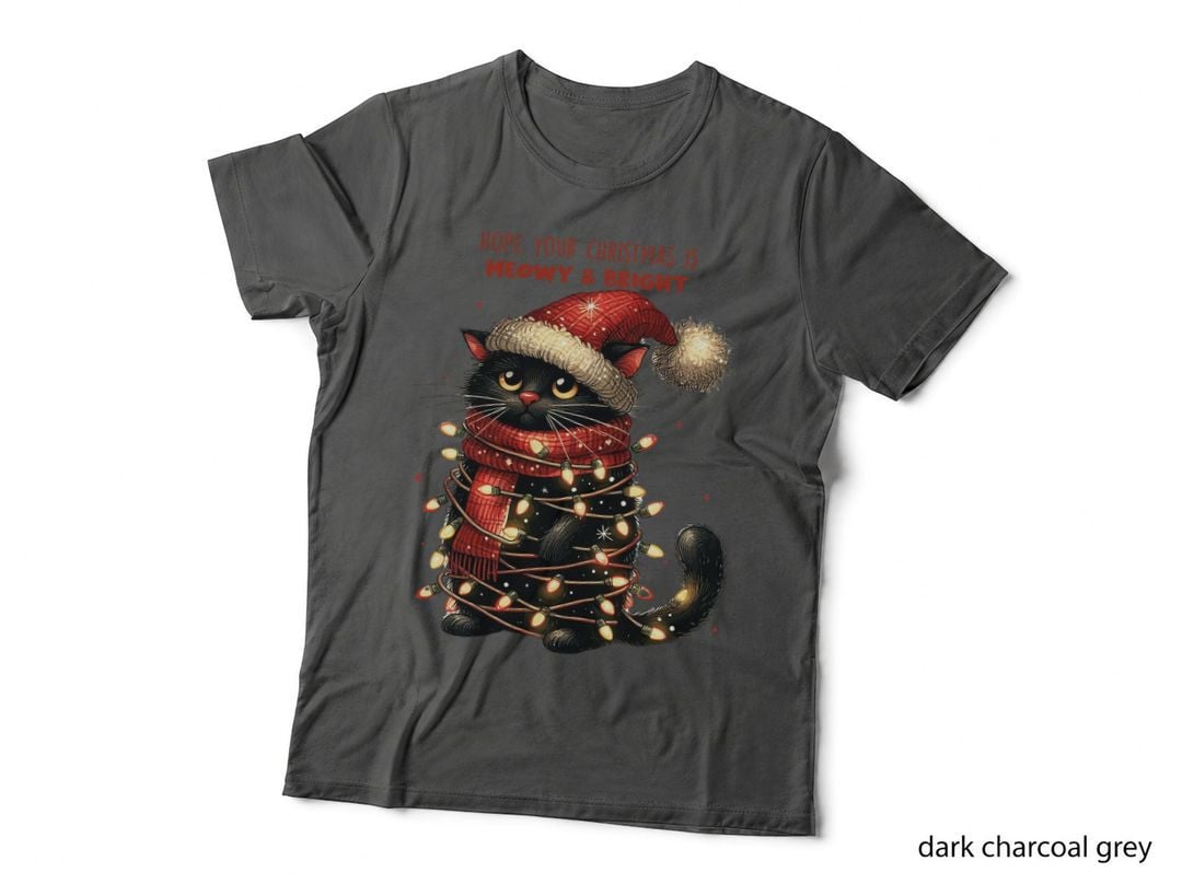 Black Cat Christmas Lights Shirt, Meowy Bright Catmas T-Shirt