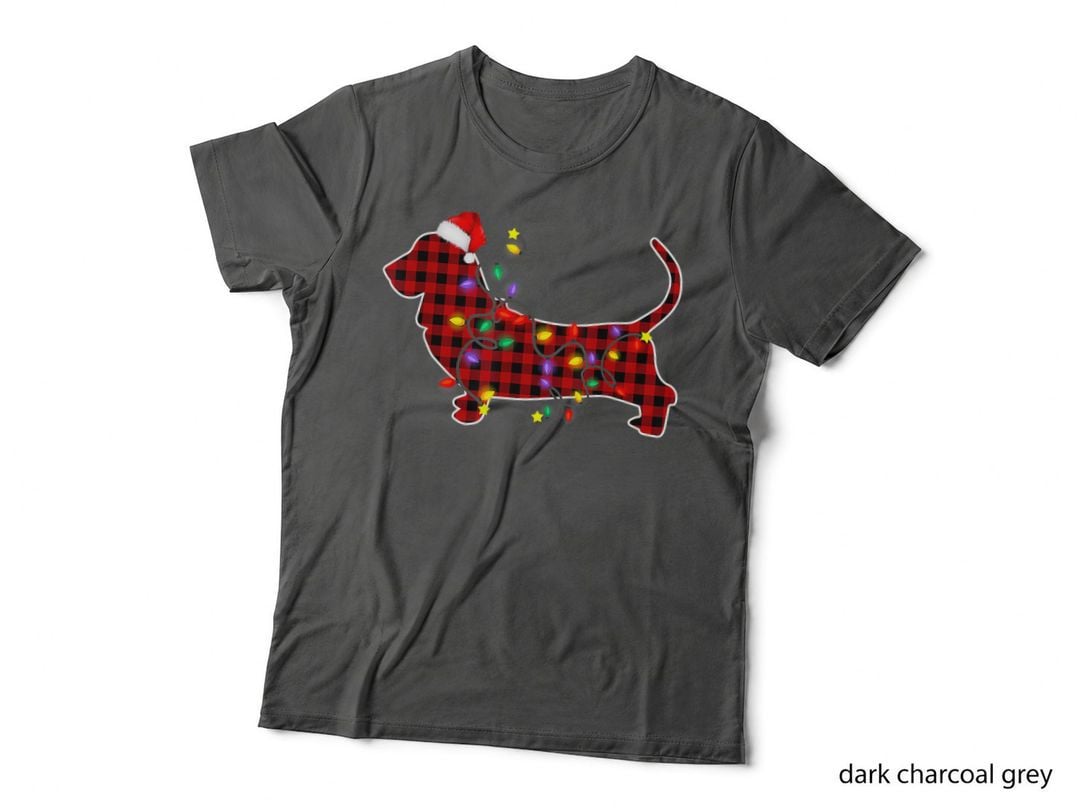 Buffalo Plaid Basset Hound Christmas Lights T-Shirt, Festive Holiday Print